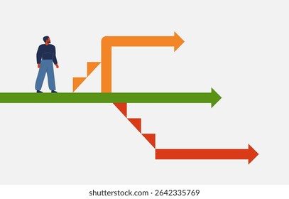 Man choosing the personal career path. Male finding route for achievement business target. Person makes to decision for success, discovering new opportunity. Vector illustration