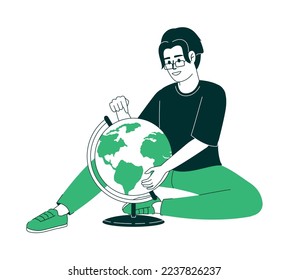 Hombre eligiendo lugar en el carácter vector lineal de color plano del globo. Figura editable. Persona de cuerpo entero sobre blanco. Ilustración de línea delgada estilo caricatura para diseño gráfico web y animación
