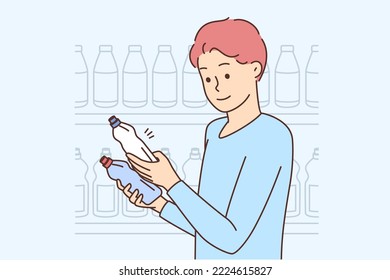 Man choosing product in supermarket. Smiling male customer compare bottles buying household items in shop. Consumerism. Vector illustration. 