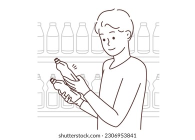 Man choosing product in supermarket. Smiling male customer compare bottles buying household items in shop. Consumerism. Vector illustration. 