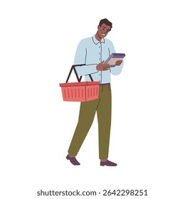 Man choosing products in grocery store. Vector in flat style, isolated male personage with shopping cart reading content of package with food. Consumer in hypermarket or supermarket shop