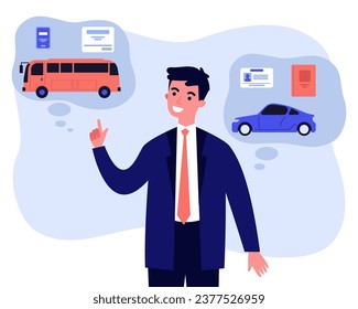 Man choosing public transport instead of his own car. Vector illustration. Exchange of drivers license for public transport pass. Free public transport concept