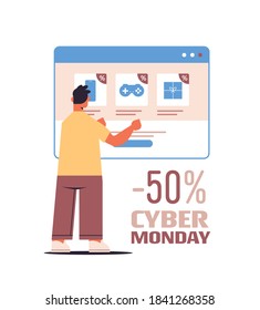 man choosing purchases in web browser window online shopping cyber monday sale holiday discounts e-commerce concept full length vector illustration