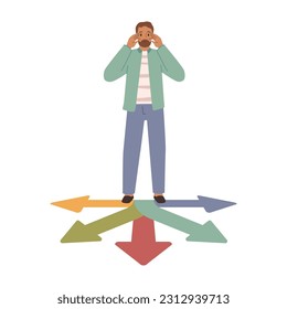 Man choosing right way, solutions and path choice, thinking man and arrows pointing different ways, flat cartoon vector illustration. Guy making choices, decision options, opportunities and pathways