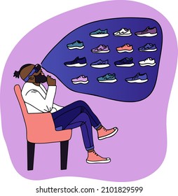 Man choosing shoes in virtual glasses in metaverse