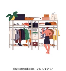 Man choosing stylish outfit on wardrobe rail back view. Guy makes choice of garment on hanger rack. Person looks on closet with clothes. Dressing room. Flat isolated vector illustration on white