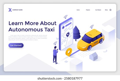 Man choosing vehicle and route via mobile app on white background. Autonomous taxi landing page isometric template. Safe comfortable trip service creative 3d vector illustration for web page