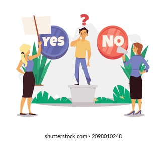 Man choosing which button to push - yes or no, flat vector illustration isolated on white background. Positive or negative persuasion and conviction. People with banner and megaphone.