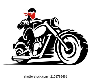 man chopper rider riding motorcycle with red mask scraft