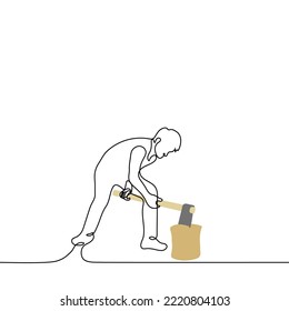 man chopping firewood with an ax - one line drawing vector. concept lumberjack, store firewood for the winter