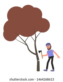 A man chopping a tree with an ax. Vector illustration, flat design style. Isolated on a white background.