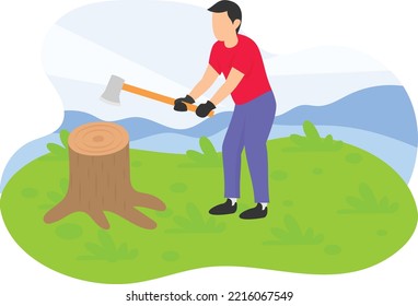 Man chopping wood with Axe Concept, spend picnic weekend in forest vector color icon design, Outdoor weekend Activity symbol, Tourist Holidays Scene Sign, Happy people at Vacation stock illustration