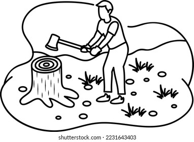 Man chopping wood with Axe Concept, spend picnic weekend in forest vector color icon design, Outdoor weekend Activity symbol, Tourist Holidays Scene Sign, Happy people at Vacation stock illustration