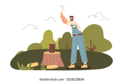 Man chopping wood for outdoor picnic in park or forest. Male character holding axe for camp fire at camping vacation. Active journey concept. Cartoon flat vector illustration