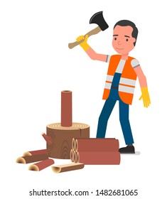 A man chopping wood with a torus. Vector illustration, flat design style. Isolated on a white background.