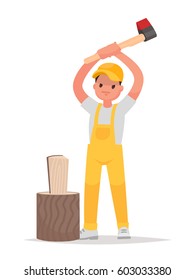 Man chops wood on a white background. Vector illustration in a flat style