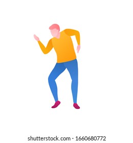 A man in a choreography class, a flat vector illustration. A young man dances in a club during a carnival. The clubber perform moves and dancing in a nightclub isolated on a white background.
