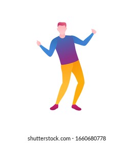 A man in a choreography class, a flat vector illustration. A young man dances in a club during a carnival. The clubber perform moves and dancing in a nightclub isolated on a white background.