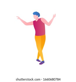 A man in a choreography class, a flat vector illustration. A young man dances in a club during a carnival. The clubber perform moves and dancing in a nightclub isolated on a white background.