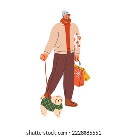 Man with Christmas gift boxes, shopping bags, walking with dog on leash on winter holiday. Happy person going on street, preparing for Xmas. Flat vector illustration isolated on white background