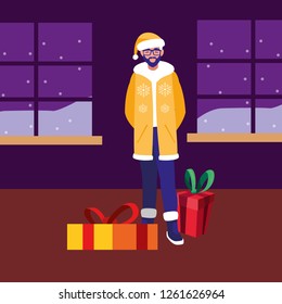 man with christmas gift in the room