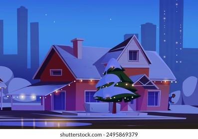 Man in Christmas hat cautiously peers out from corner of suburban house decorated with garlands at night. Cartoon vector illustration winter snowy suburb street. Cozy home with snow on roof and trees.