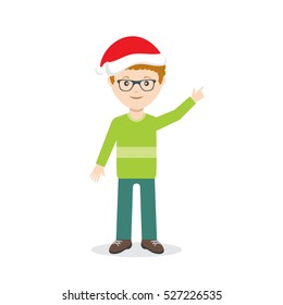 Man in Christmas hat pointing with finger