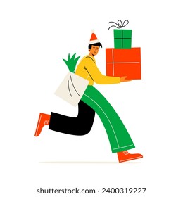 A man in a Christmas hat runs with presents in his hands. New Year shopping and sales. Vector flat illustration isolated on a white background.