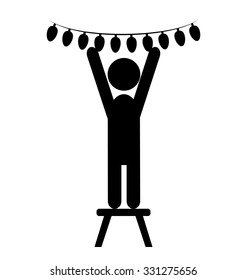 Man with Christmas Lights Decoration Flat Black Pictogram Icon Isolated on White Background