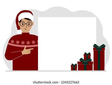 A man in a Christmas or New Year's sweater with a red sana cap points his finger at a banner, a blank poster or a large white sheet of paper with space for text. Vector flat illustration.