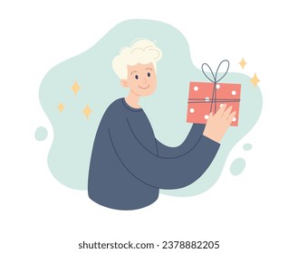 Man with Christmas present. Festive winter concept. Vector illustration in simple style