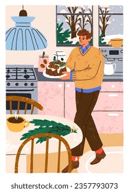 Man with Christmas pudding in cozy kitchen. Person holding festive cake, cooked bakery, sweet food for Xmas eve, advent celebration. Hygge home on winter holidays, card. Flat vector illustration