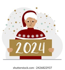 A man in a Christmas red hat with snowflakes holds a Happy New Year 2024 card.