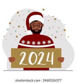 A man in a Christmas red hat with snowflakes holds a Happy New Year 2024 card. Vector flat illustration