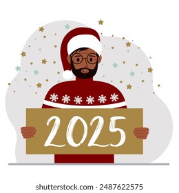 A man in a Christmas red hat with snowflakes holds a Happy New Year 2025 card. Vector flat illustration