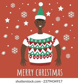 A man in a Christmas sweater. Merry Christmas. New Year background. For printing on postcards and other printed materials. Holiday.