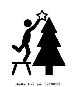 Man with Christmas Tree Decoration Flat Black Pictogram Icon Isolated on White Background