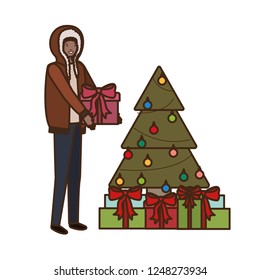 man with christmas tree and gifts boxs