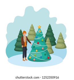 man with christmas tree in landscape