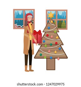 man with christmas tree and landscape view