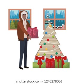 man with christmas tree and landscape view