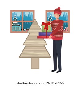 man with christmas tree and landscape view