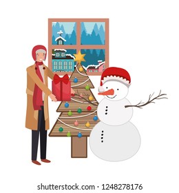 man with christmas tree and landscape view
