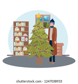 man with christmas tree in livingroom