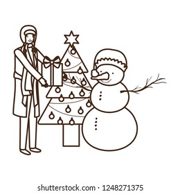 man with christmas tree and snowman
