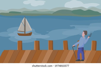 Man with cigar and stick in hand standing on the edge of the port pier for ships.