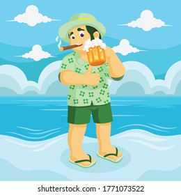 man with cigarette and beer on hand at the beach. summer character vector illustration
