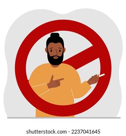 Ein Mann mit einer Zigarette in der Hand. Um den Mann herum ist ein rotes Verbotszeichen. Das Konzept der Abhängigkeit vom Rauchen und das Rauchverbot. Vektorgrafik
