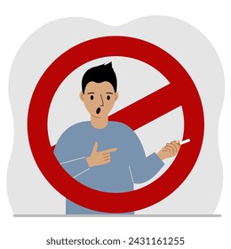 A man with a cigarette in his hand. Around the man is a red prohibition sign. The concept of addiction to smoking and the ban on smoking.