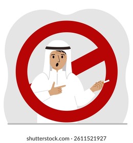 A man with a cigarette in his hand. Around the man is a red prohibition sign. The concept of addiction to smoking and the ban on smoking. Vector flat illustration